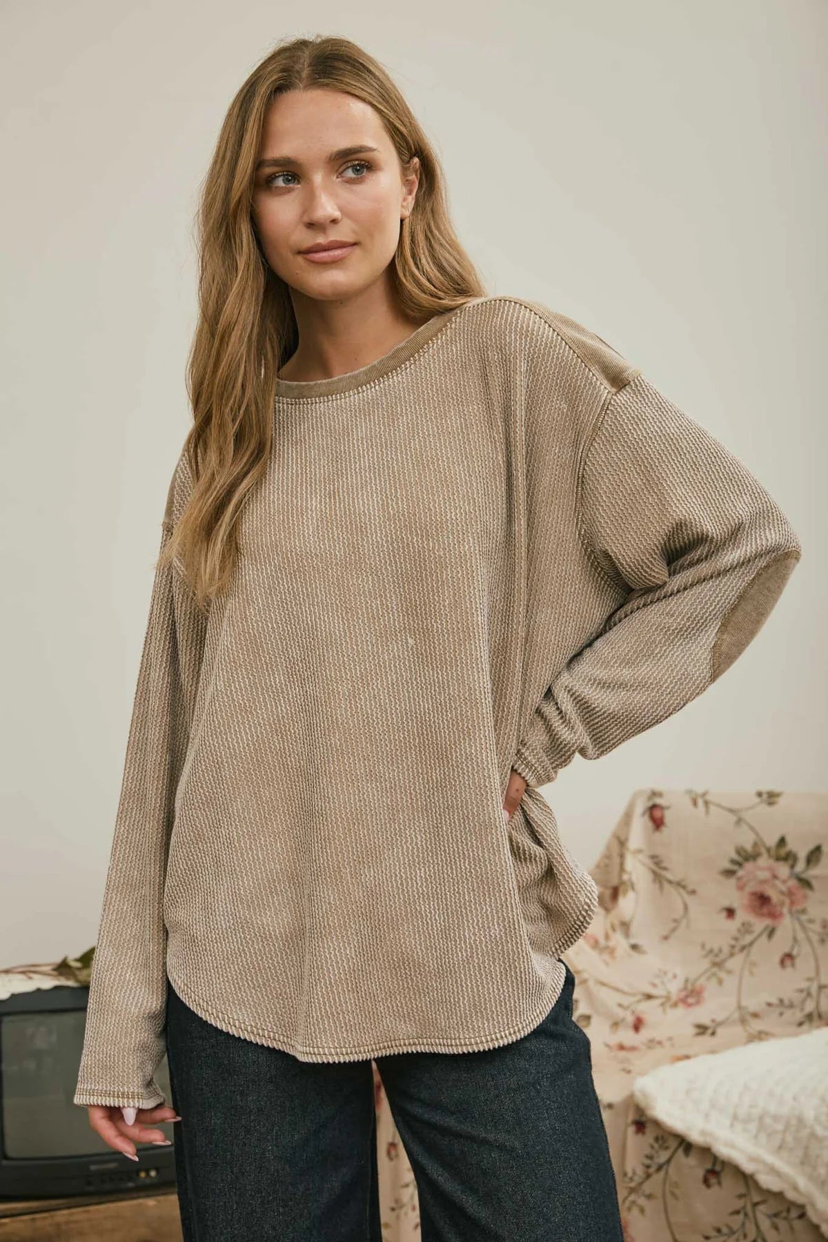 Brown waffle knit patchwork top 