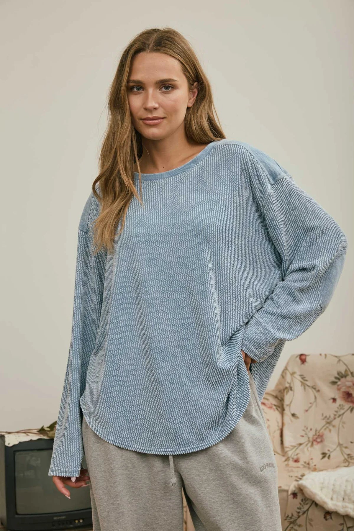 Blue long sleeve top with elbow patches 