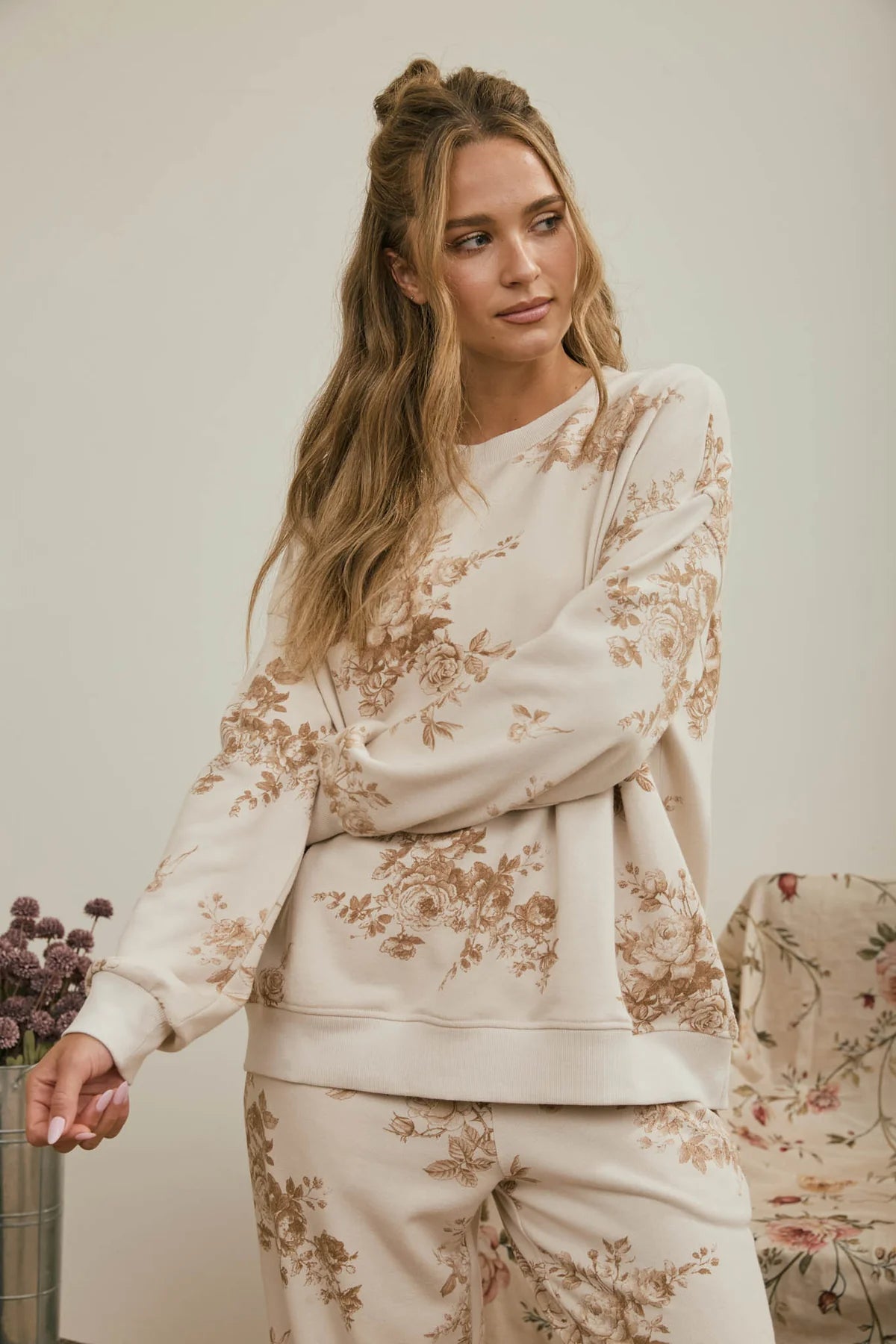 Brown floral long sleeve top 