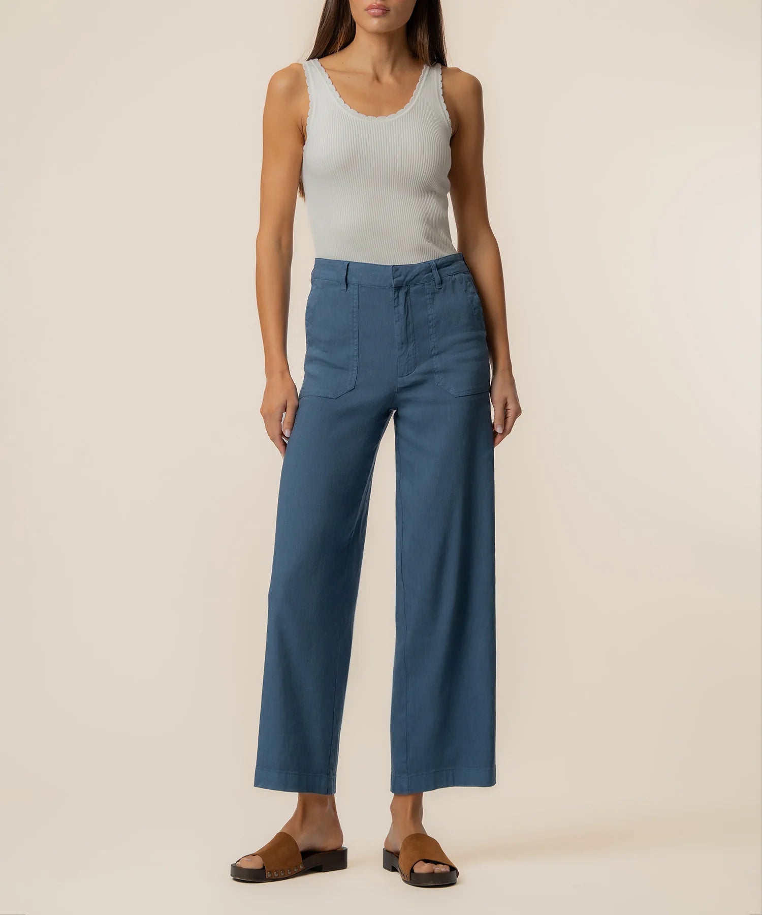 KUT from the Kloth - Topaz High - Rise Wide Leg Linen Ankle Pants - Coastal Blue - happenstance.