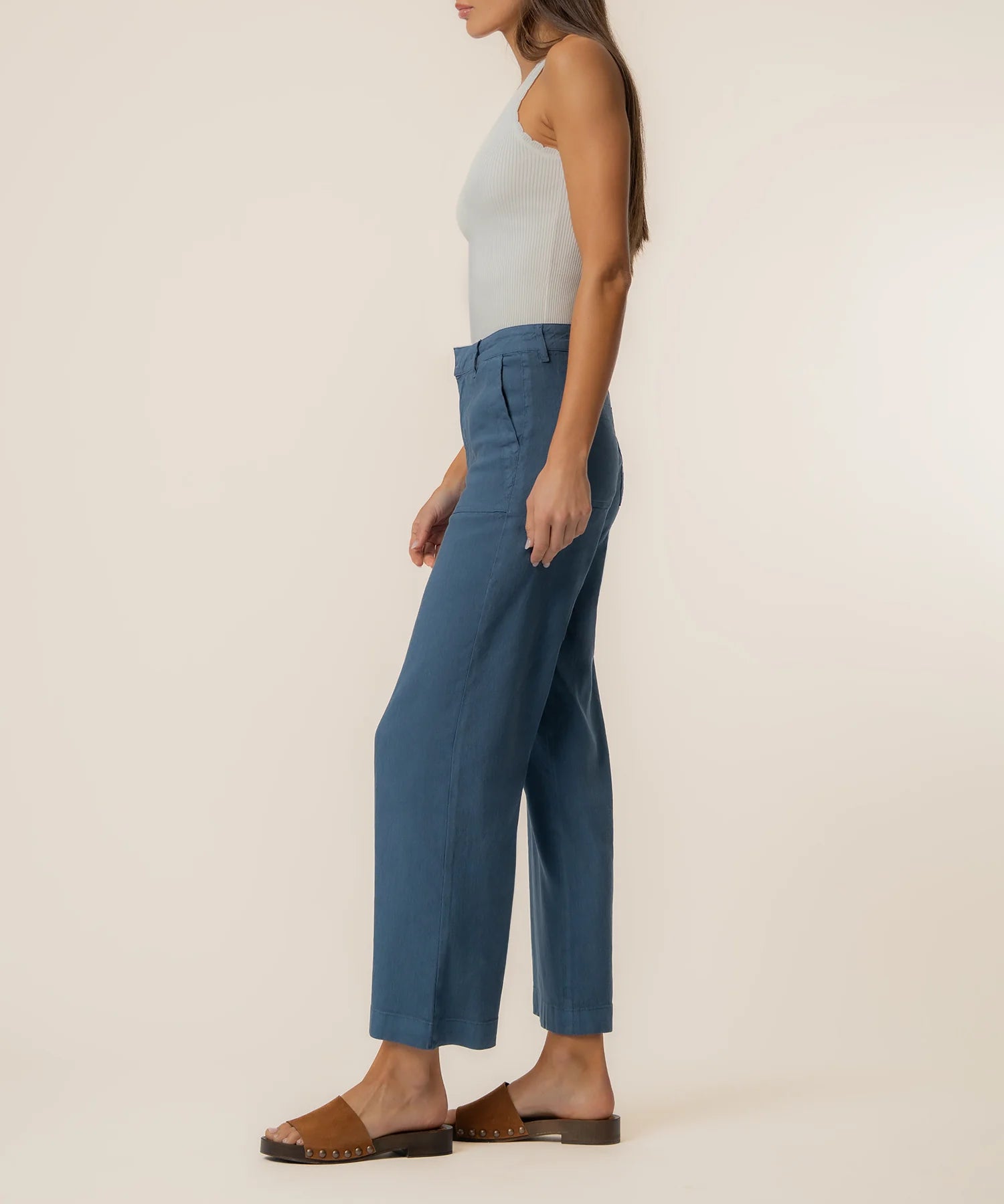 KUT from the Kloth - Topaz High - Rise Wide Leg Linen Ankle Pants - Coastal Blue - happenstance.