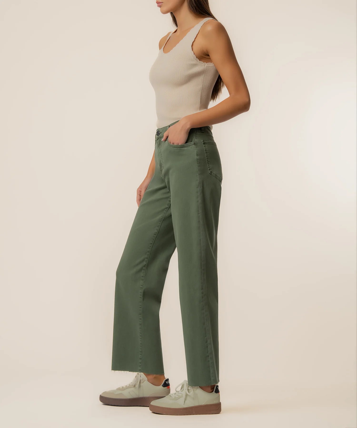 KUT from the Kloth - Charlotte High Rise Wide Leg W/ Raw Hem - Seaweed - happenstance.