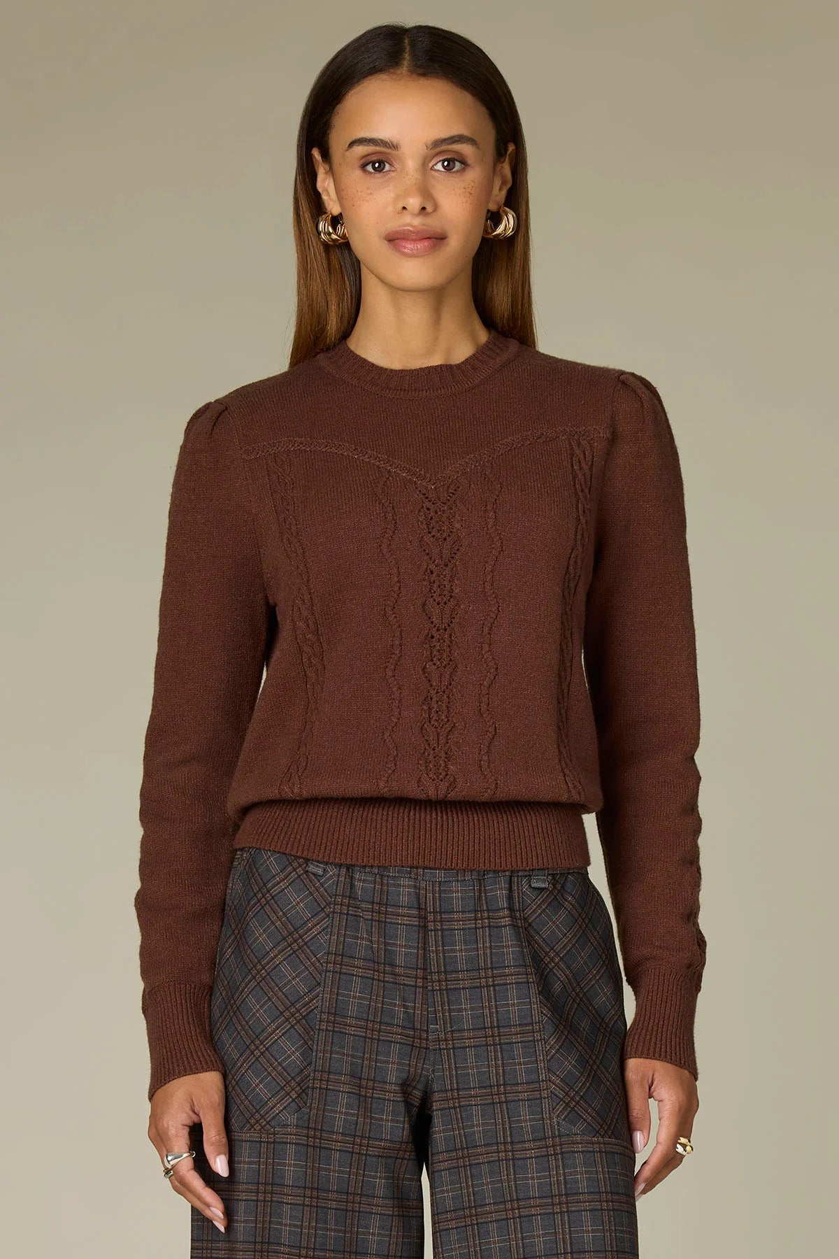 Long puff sleeve brown sweater 