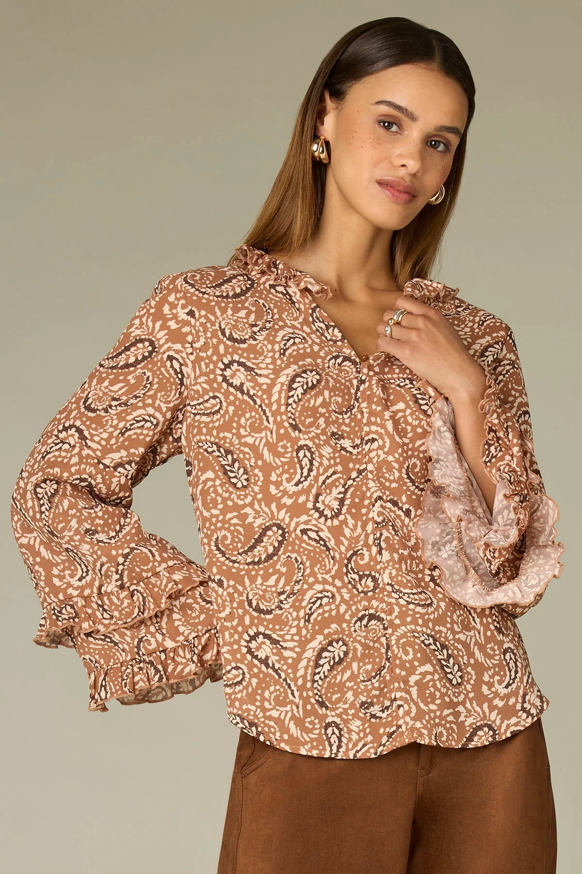 Paisley v neck flutter sleeve blouse