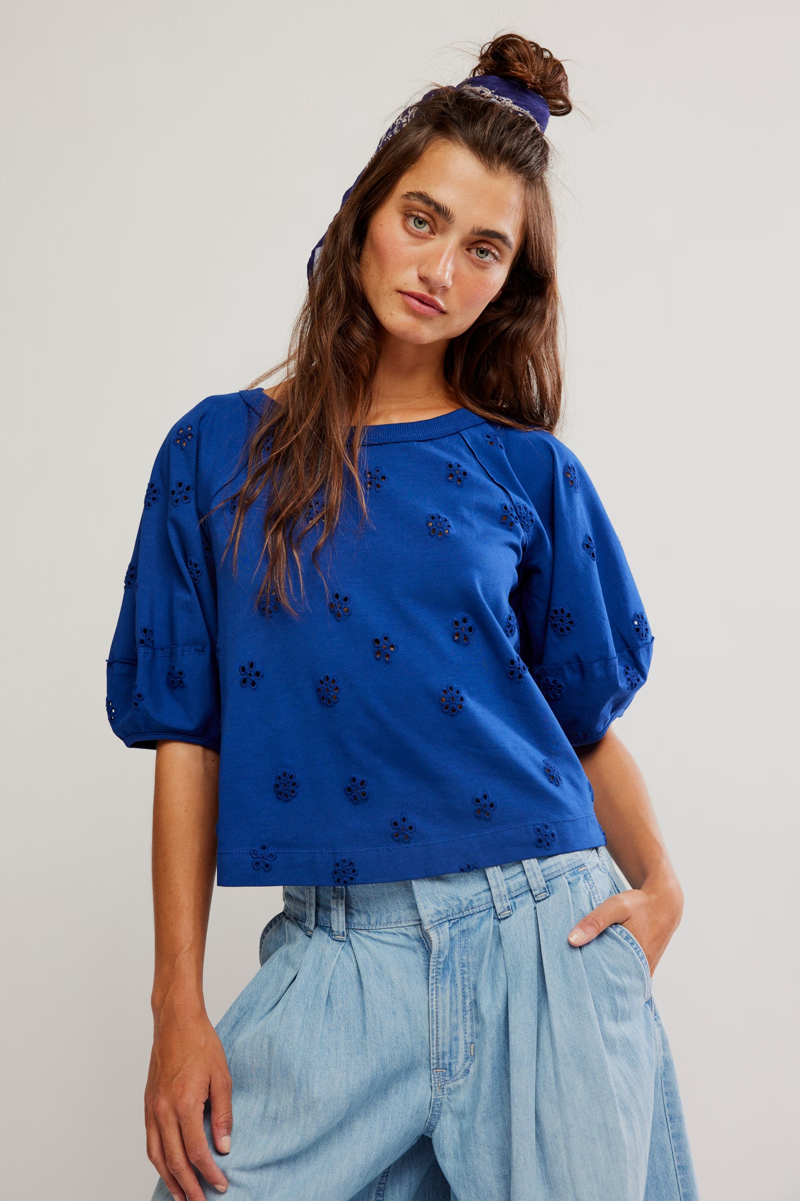 blue eyelet short sleeve top 