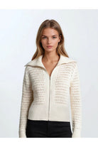 Zip - Up Pointelle Open Knit Sweater Jacket - Ivory - happenstance.