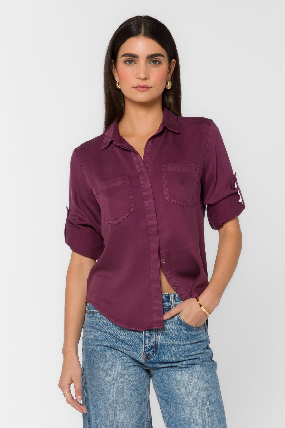 Purple tencel button down top 