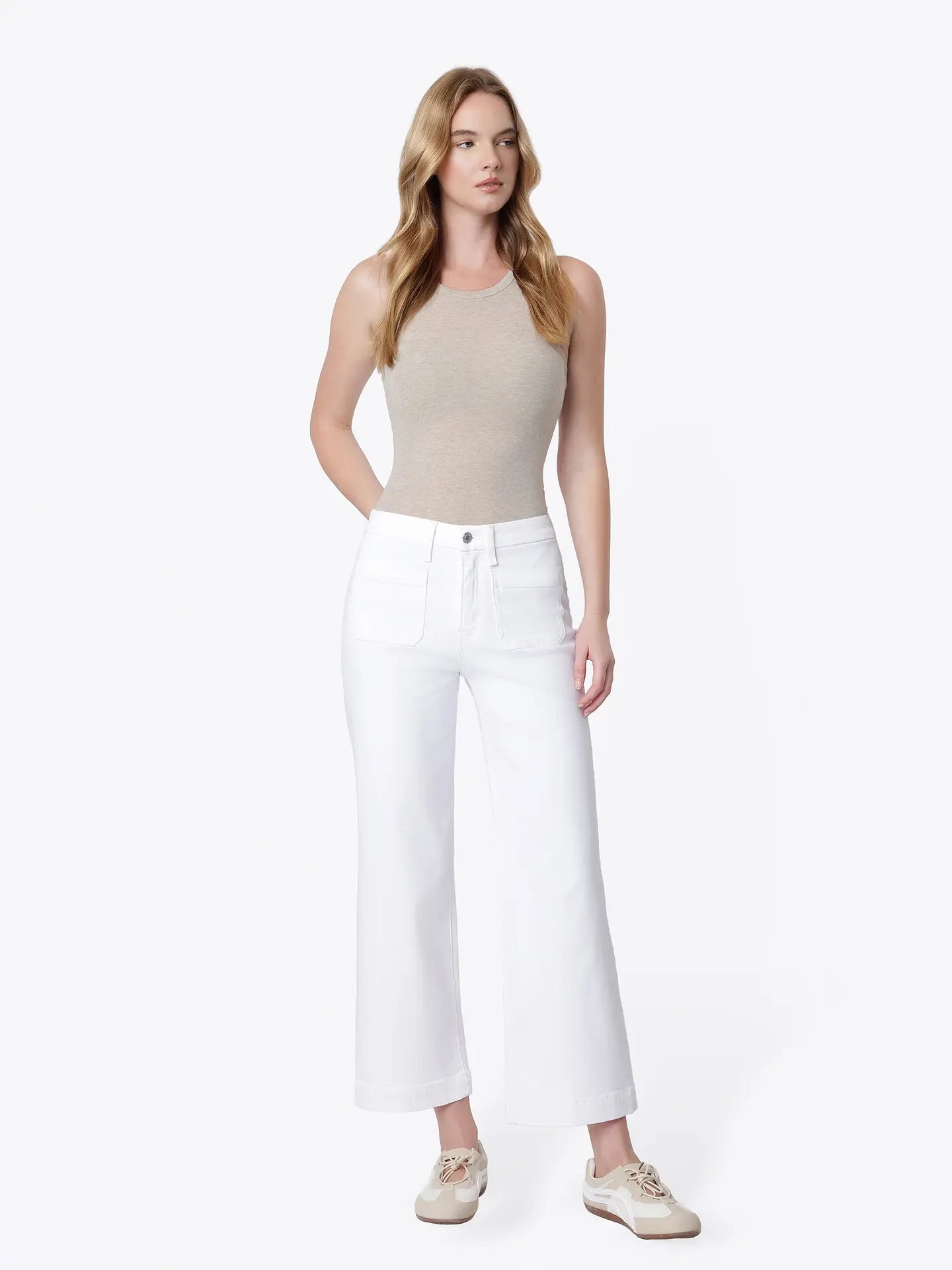 High Rise Patch Pocket Wide Leg Jeans - Optic White - happenstance.