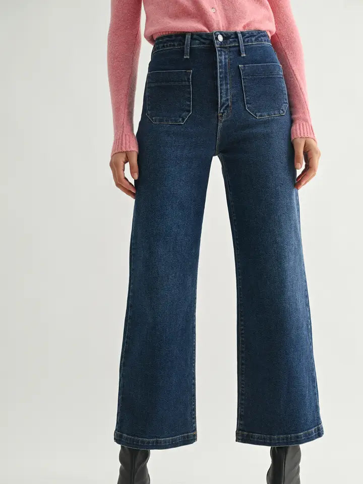 Dark wash wide leg patch pocket jeans 