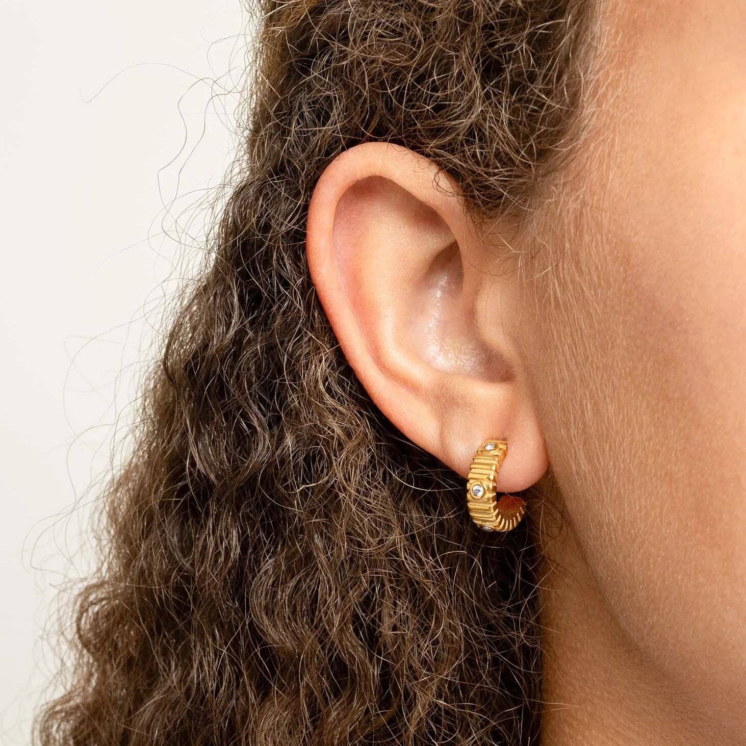 Fluted Huggie Stone Earrings - Gold - happenstance.