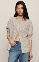 Brown and white Plaid long sleeve button up 