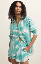 Green and white stripe button up top 