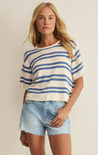 Blue and white striped sweater top 