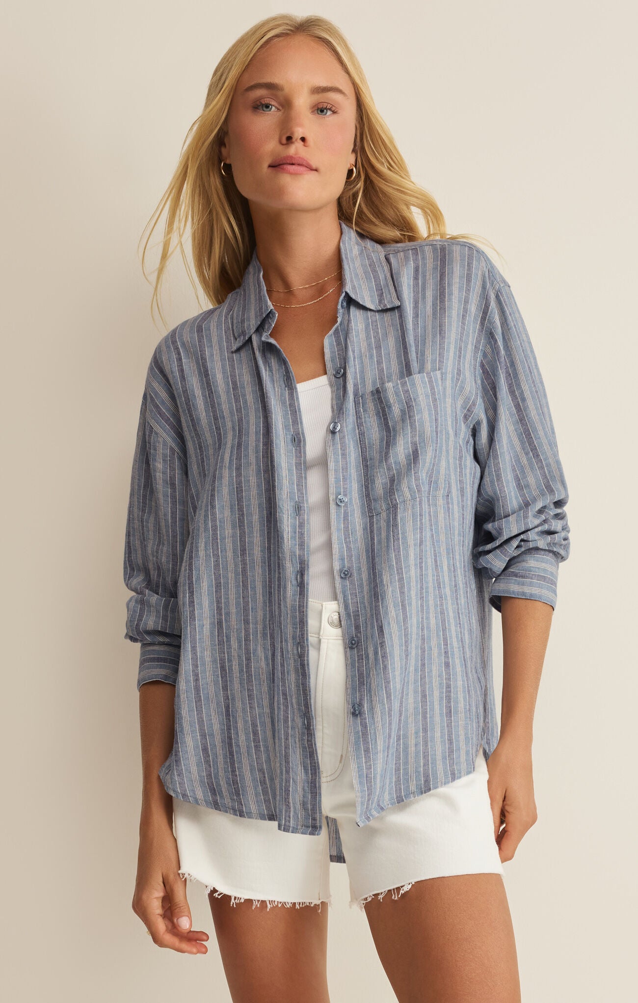Blue and grey striped button up top 