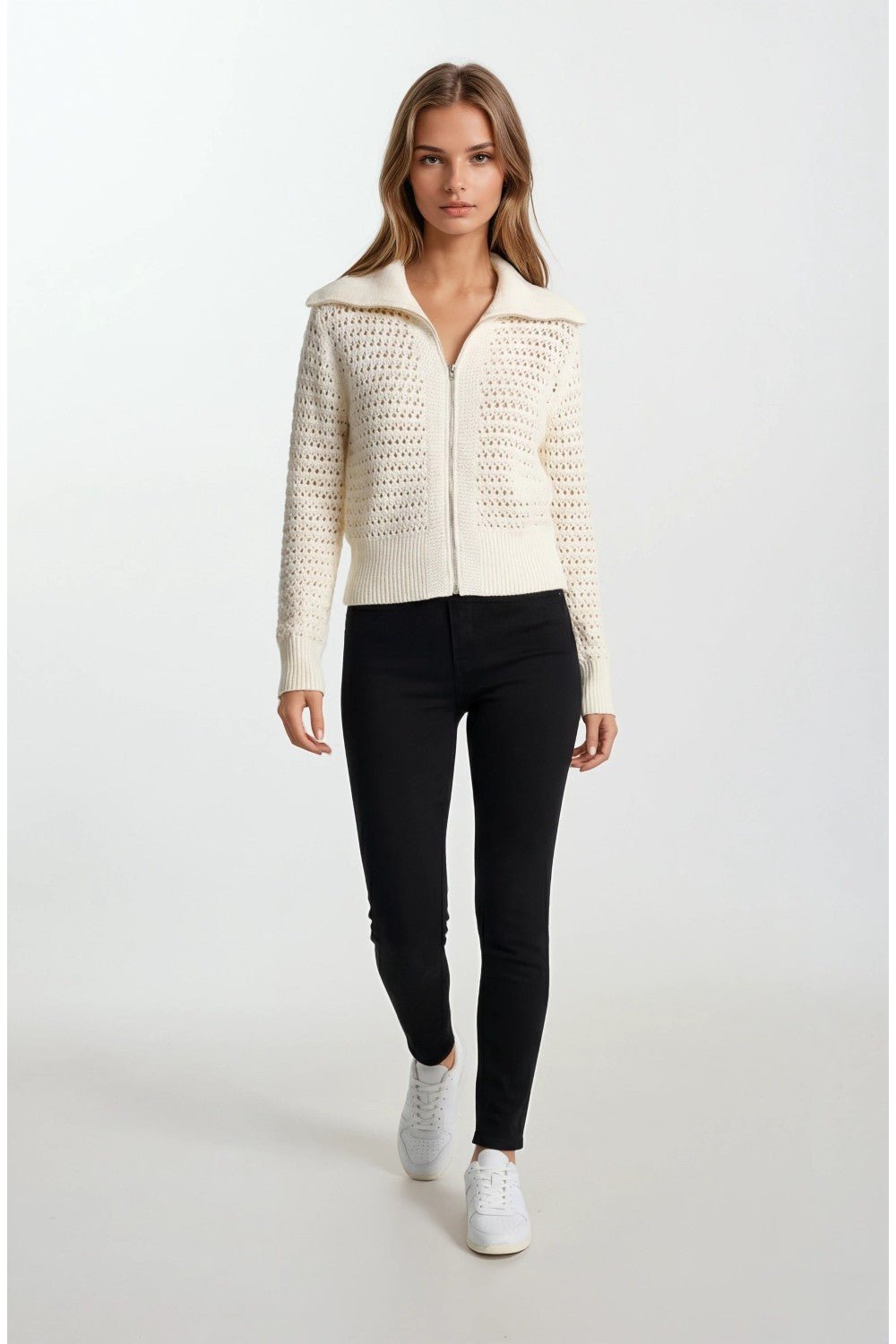Zip - Up Pointelle Open Knit Sweater Jacket - Ivory - happenstance.