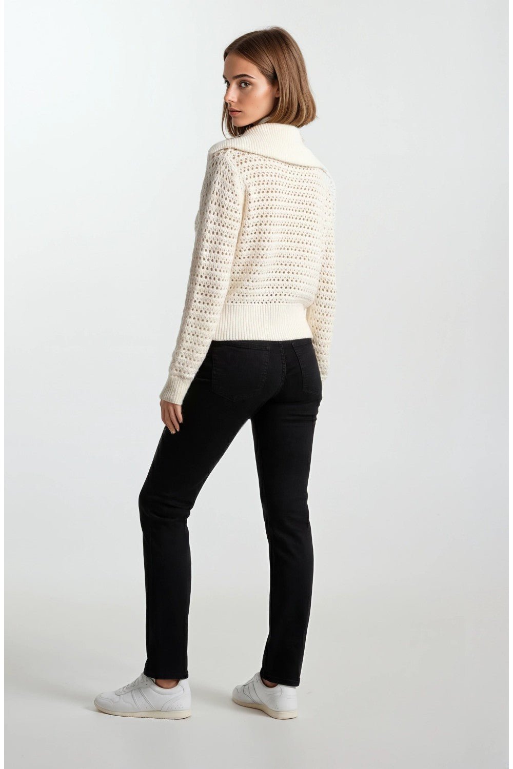 Zip - Up Pointelle Open Knit Sweater Jacket - Ivory - happenstance.