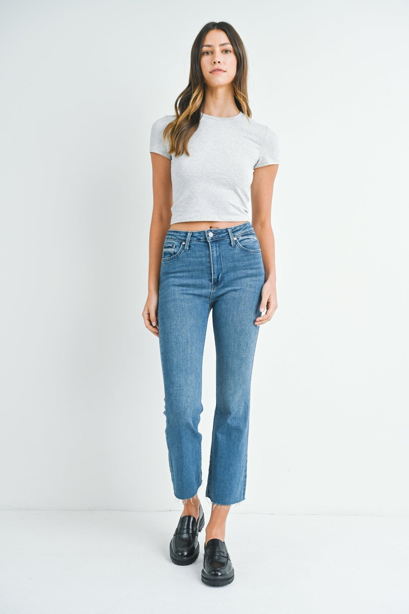 High Rise Tonal Crop Flare - Medium Wash| Made in USA - happenstance.