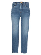 Medium wash straight leg mom jeans with finished hem