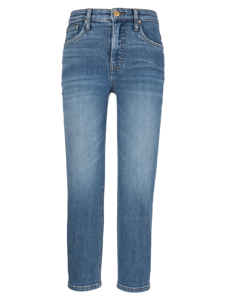Medium wash straight leg mom jeans with finished hem