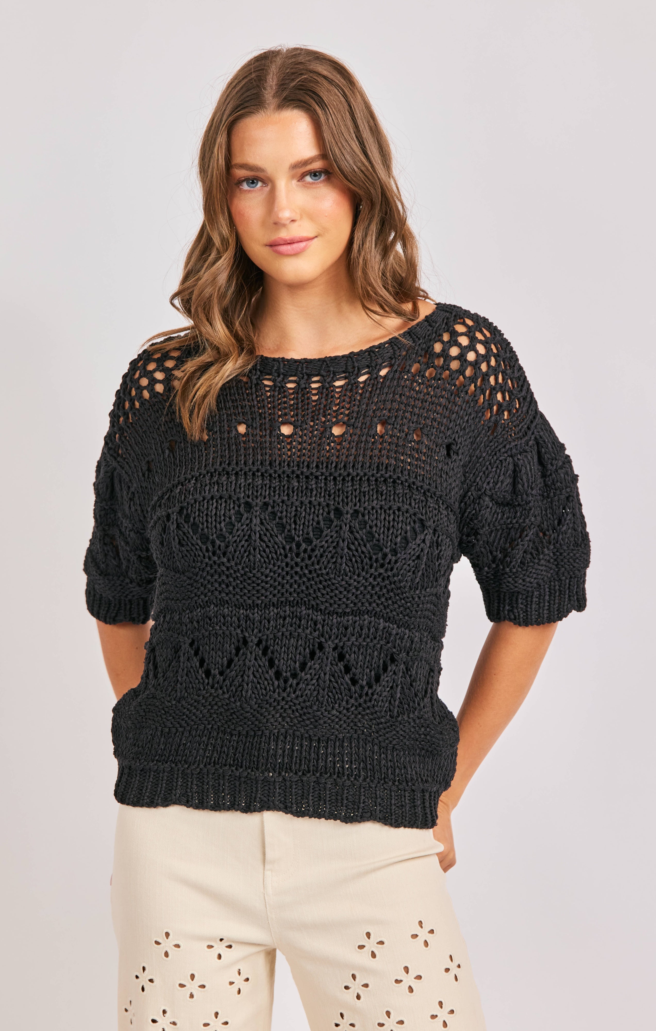 Black textured short sleeve sweater