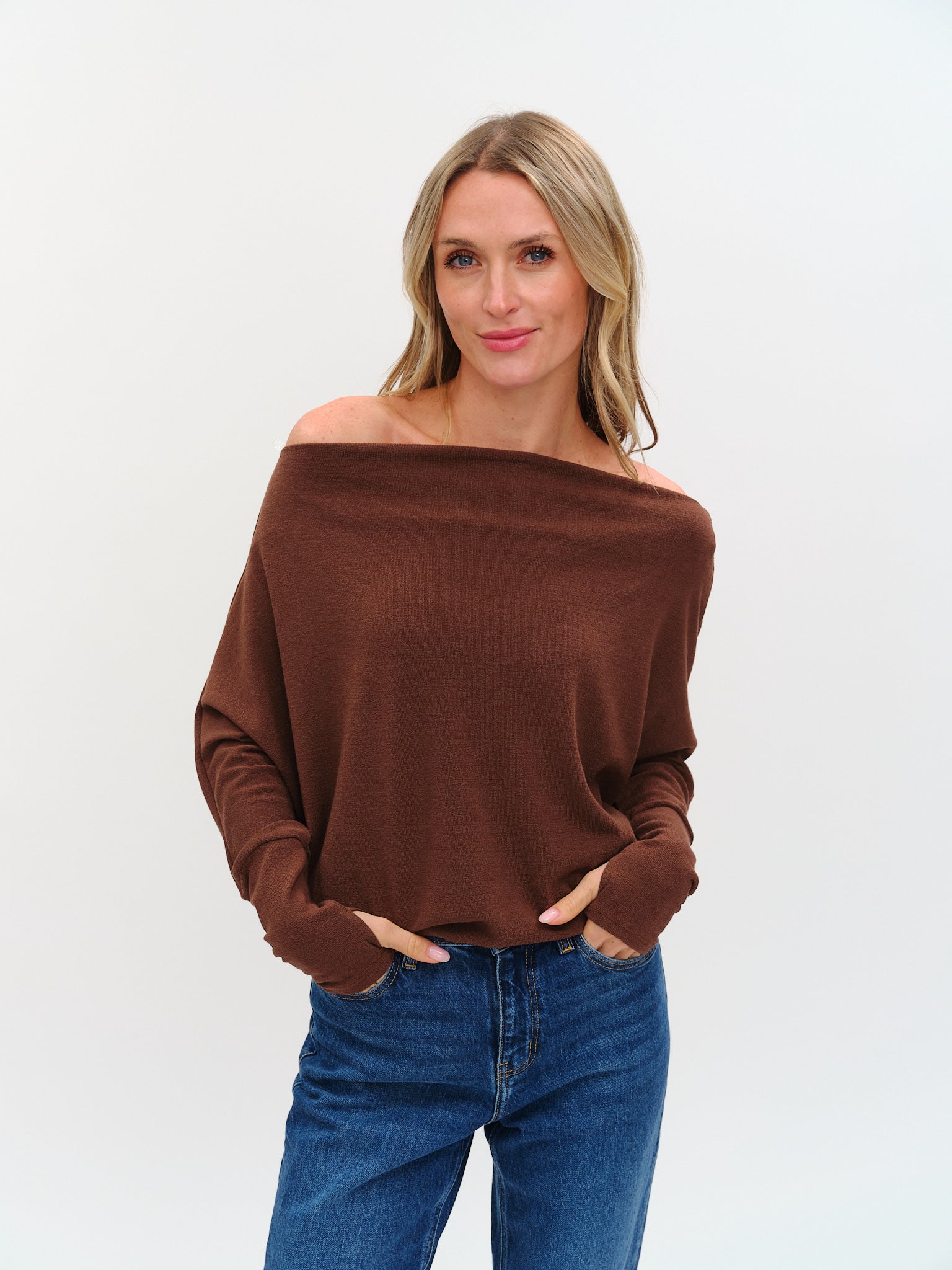 Brown off shoulder long sleeve top