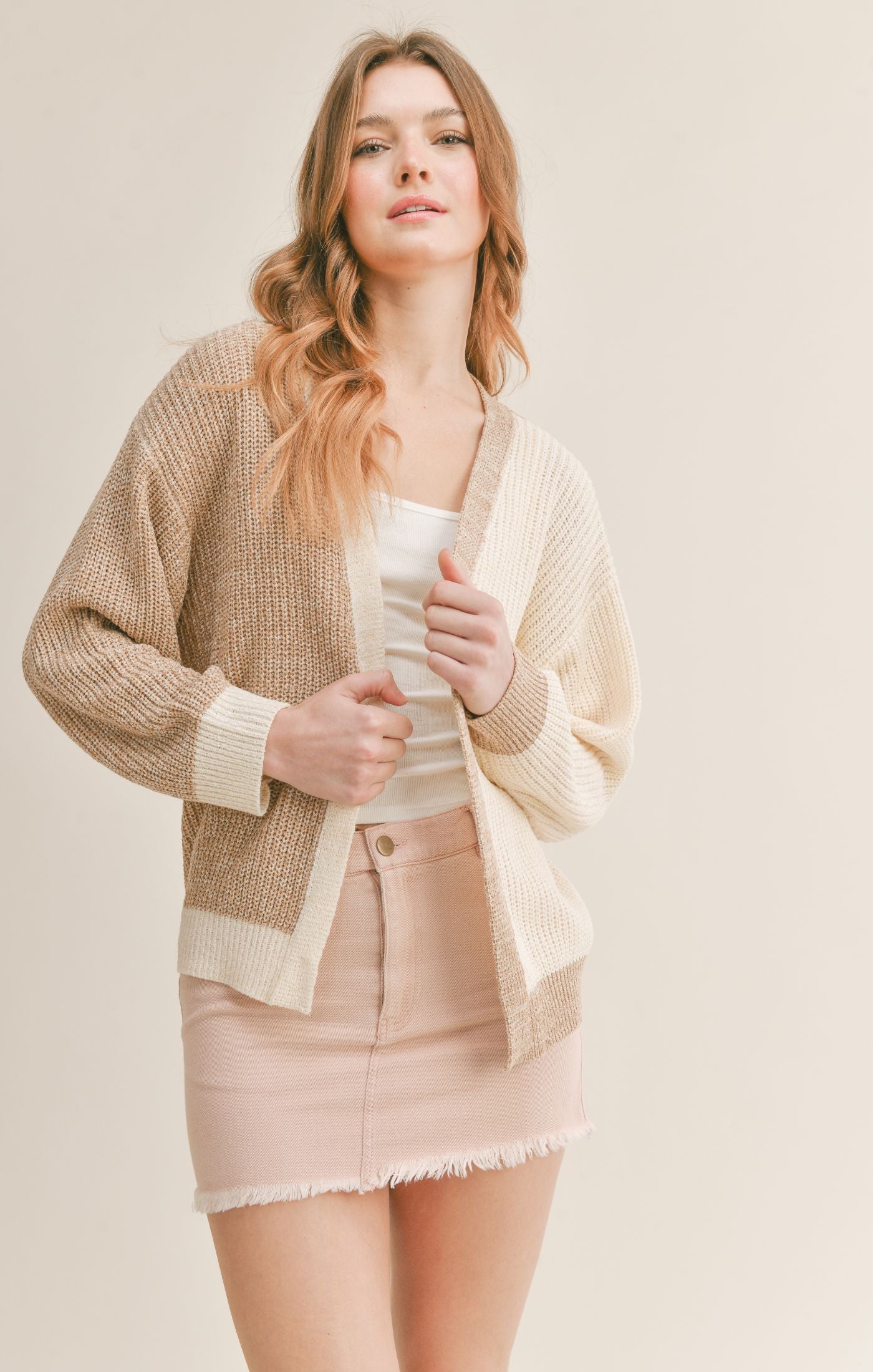 Tan colorblock open front cardigan 