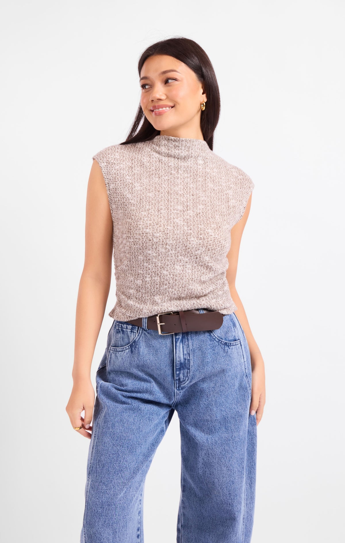 Brown sleeveless mock neck top 