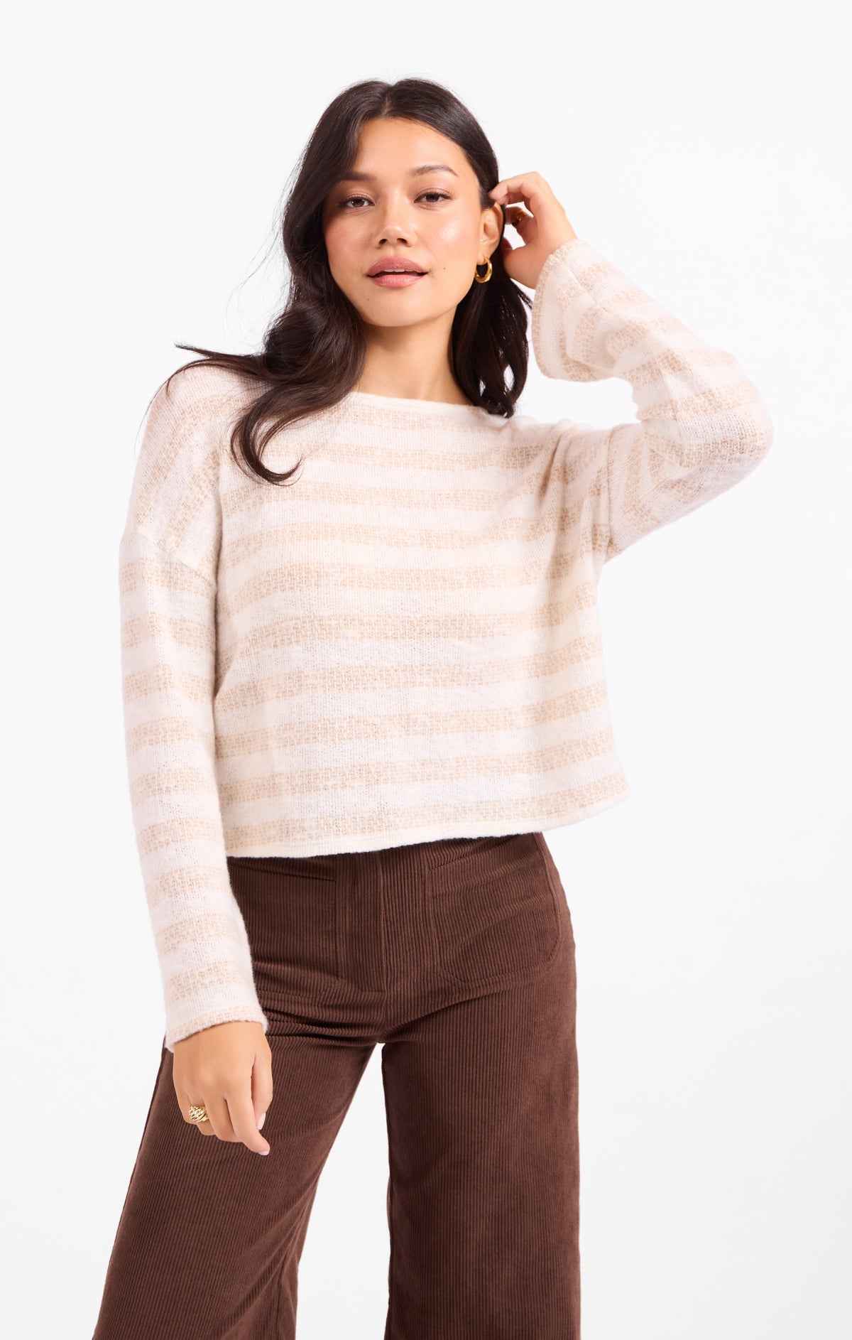 Cream striped crewneck long sleeve top