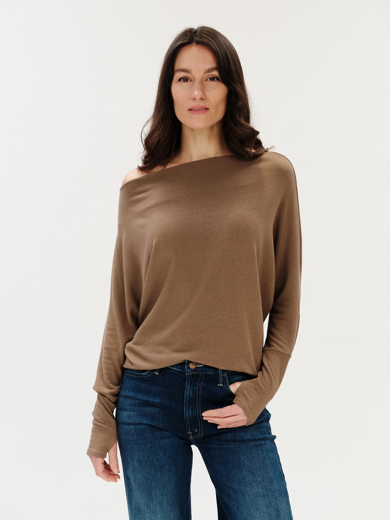 Brown off shoulder long sleeve top