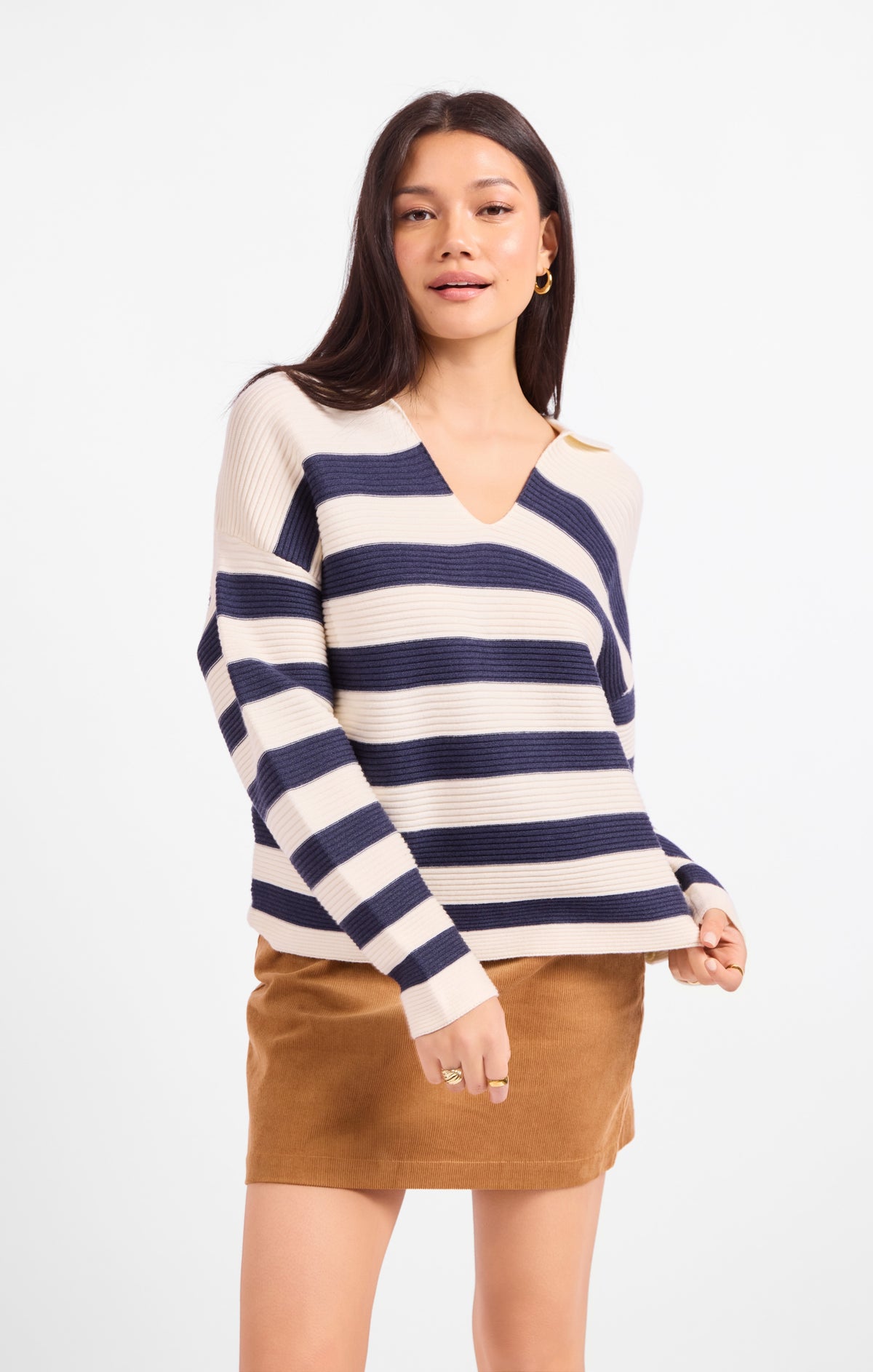 Navy white stripe v neck sweater