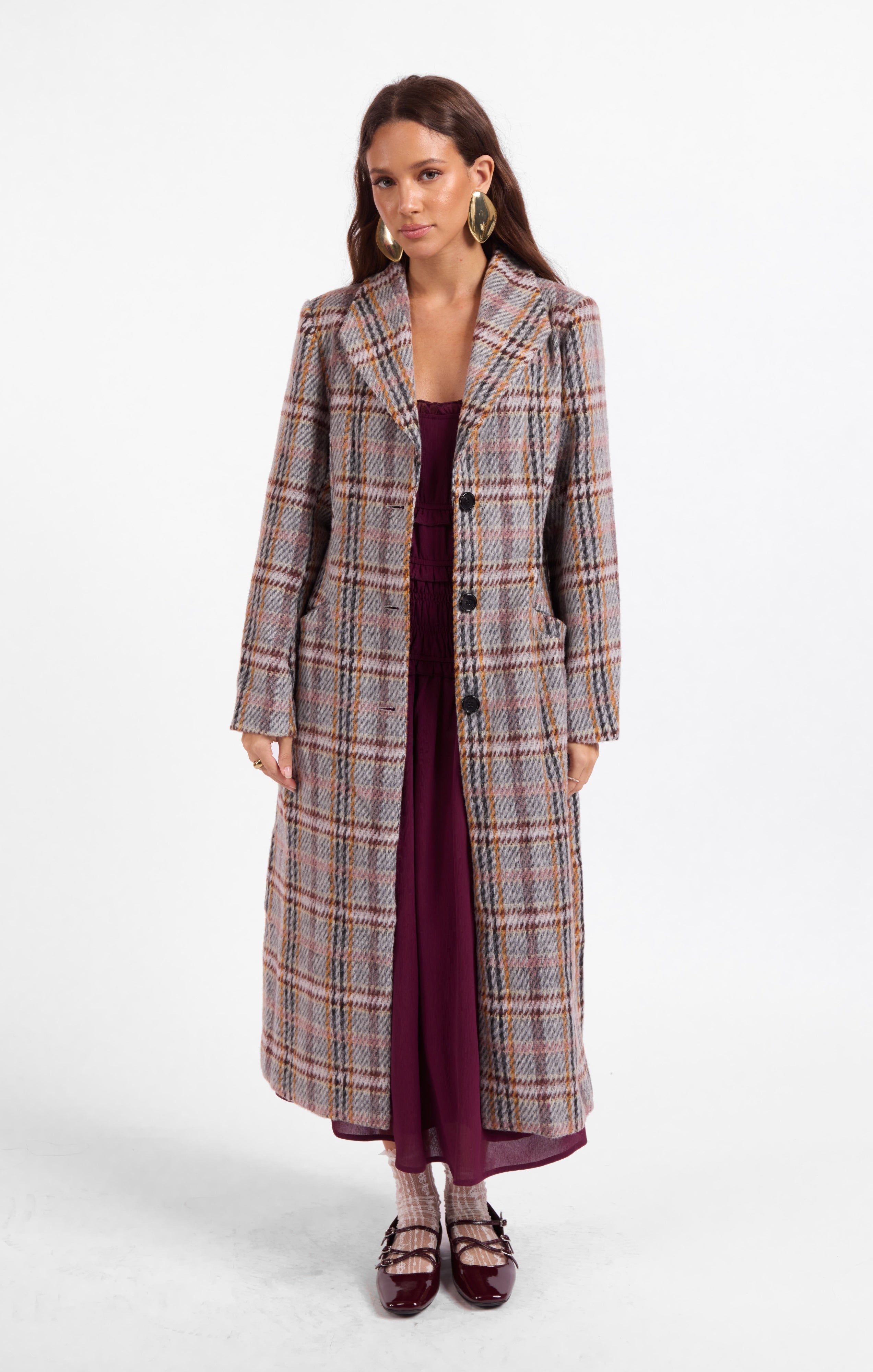 Grey plaid full length coat 