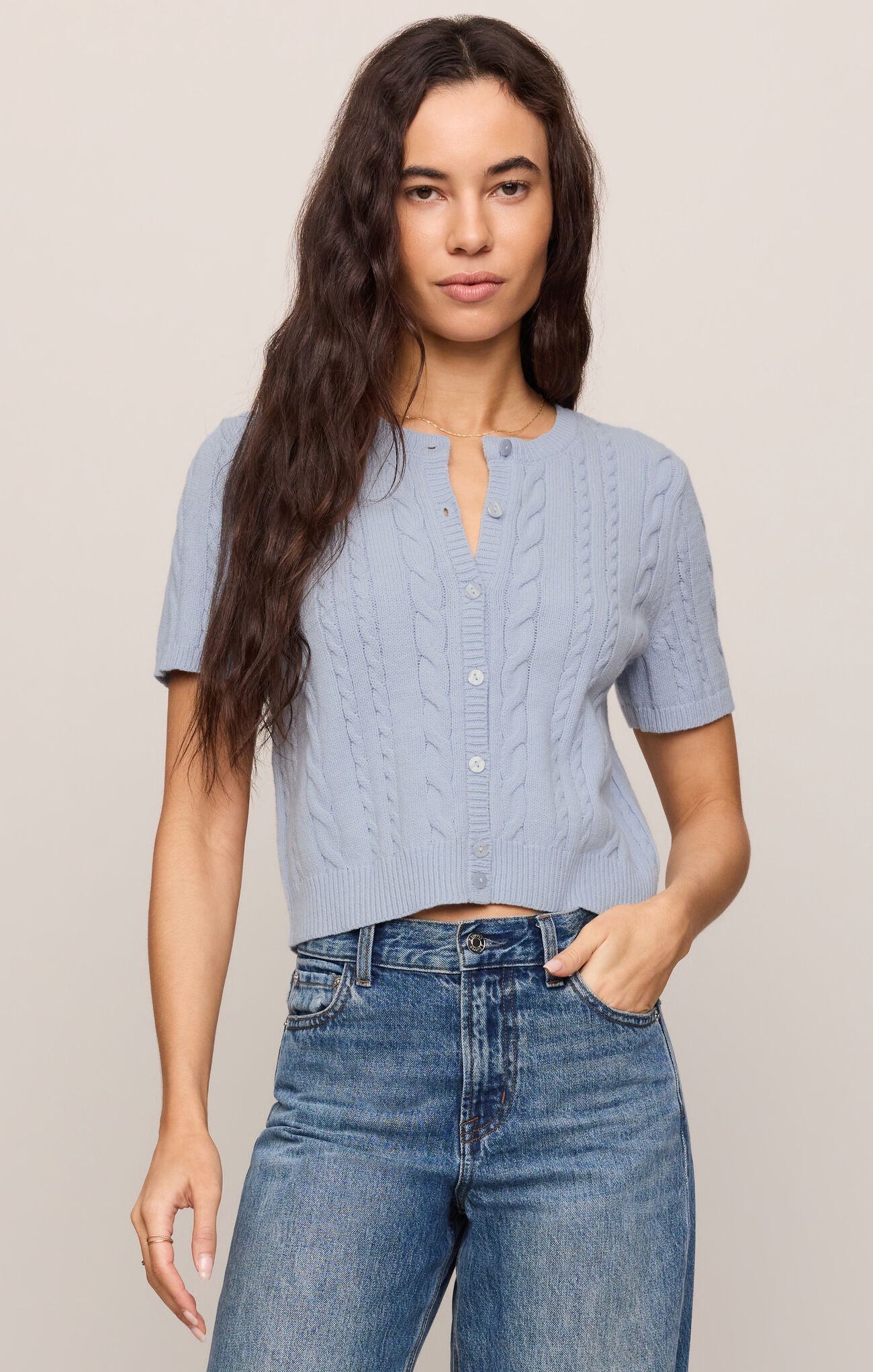Blue cable knit short sleeve cardigan