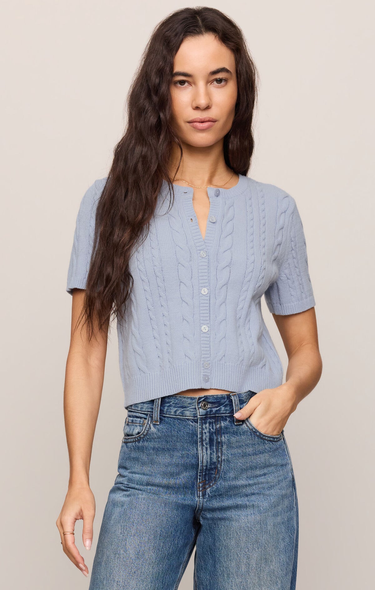 Blue cable knit short sleeve cardigan